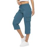 YDKZYMD Womens Capri Cargo Pants Summer Athletic Outdoor Baggy Pants Drawstring Lightweight High Waisted Golf Cropped Pants Casual Hiking Joggers Pants with Pockets Blue XXXL