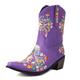COOLCEPT Women Western Ankle Boots Embroidered Flower Cowboy Boots Chunky Heel Mid Calf Short Cowgirl Boots Pull on Purple Size 44
