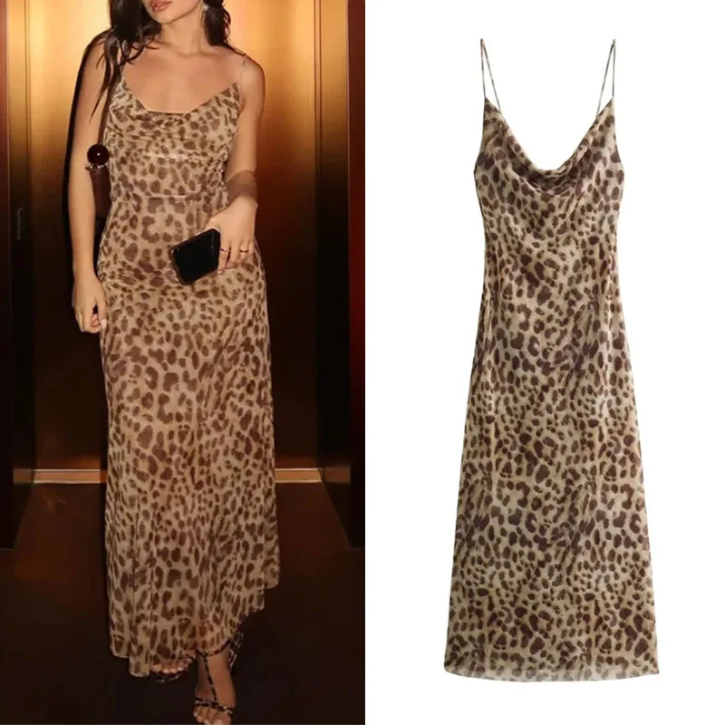 MUJER Abito lungo con stampa leopardata Abito sottoveste senza schienale in tulle da donna Abiti estivi sexy da vacanza 2025 Abiti da festa midi vintage
