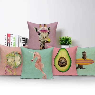 Cartoon Tier Decor Kissen Abdeckung Nette Katze Flamingo Hippocampus Werfen Kissen Fall Dekorative Image