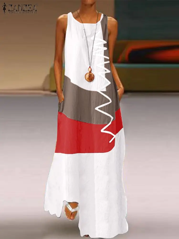 ZANZEA Frauen Vintage Ärmellose Patchwork Sommerkleid Sommer Mode Urlaub Party Kleid Robe Femme Casual Lose Strand Vestido Image