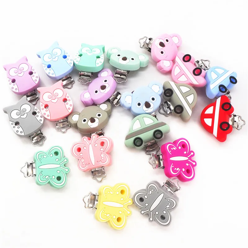 Chengkai 10 pièces Silicone papillon Clips bébé Animal anneau de dentition sucette sans BPA bricolage infantile factice pendentif jouet hibou Koala voiture Clip