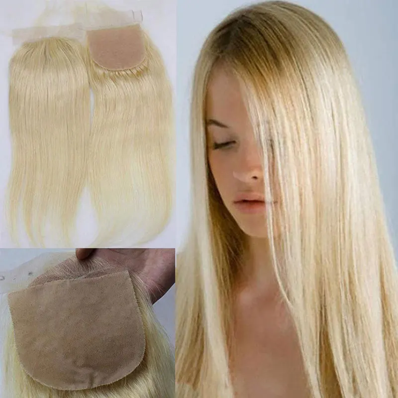 Brasilianisches Echthaar Lace Closure für Frauen, Seidenbasis, glatt, natürliches Blond, Free Part Closure 4x4 # 613 Farben Image