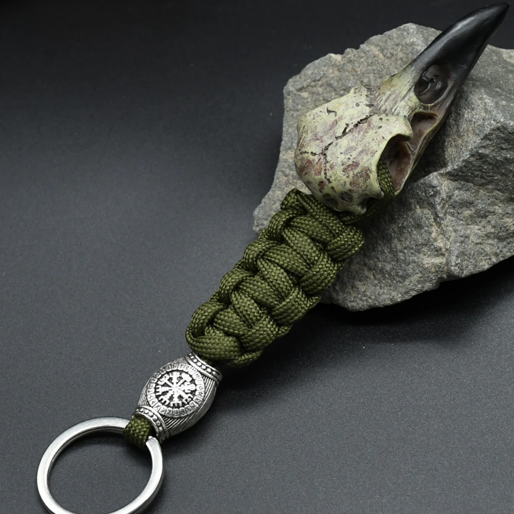 Viking Odin Krähe Schädel Schlüsselanhänger Herren Nordic Rabe Skelett Runen Perle Überleben Paracord Schlüsselanhänger Zubehör Schmuck Image