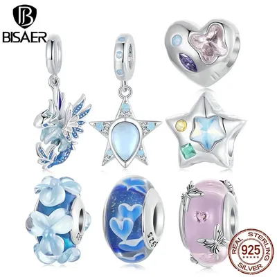 BISAER 100% 925 Sterling Silver Balloon Star Charm Bead Flying Dragon Enamel Pendant Fit Women DIY