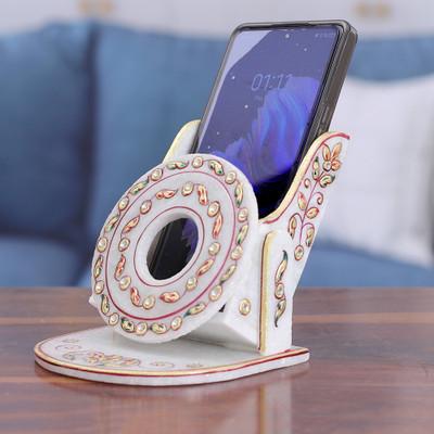 Leafy Aura,'Beaded Marble Phone Holder with Hand-Painted Leaf Motifs'