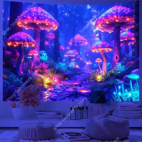 Fantaisie champignon UV réactif tapisserie belle plante florale tapisserie tenture murale gothique