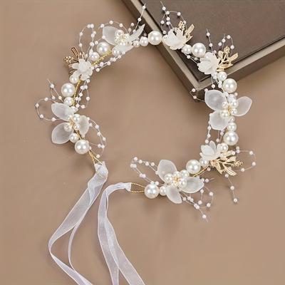 Faux Pearl Flower Beaded Headband Exquisite Flower Ring Wedding Bridal Headpiece Tulle Bandage Hair Accessories