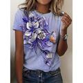 Damen T-Shirt Florales Rundhalsausschnitt Kurzarm 3D Schmetterlingsdruck Elegante Lässige Kleidung Frühling Sommer Komfort Fit Lila Multigrößen Mode Oberteil