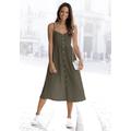 Sommerkleid LASCANA, Damen, Gr. 46, N-Gr, grün (khaki), Web, Obermaterial: 58% Viskose, 28% Baumwolle, 14% Leinen, unifarben, modisch, figurumspielend Midi, V-Ausschnitt, ohne Ärmel, Kleider, aus Leinenmix mit Baumwolle, Midikleid, Strandkleid,...