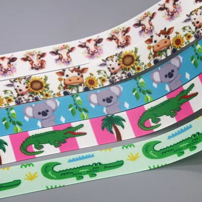 DHK 50yards Crocodile Sloth Cow Printed Grosgrain Ribbon Accessories Material Headwear Decoration