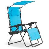GVN Folding Recliner Lounge Chair with Shade Canopy Cup Holder-Blue Backpack Folding Beach Chairs Portable Beach Chair for Outdoor Lawn Trip Picnic