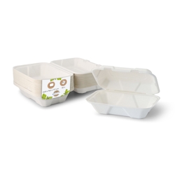 BIOZOYG 50 Stück weiße Speiseboxen, Menüboxen aus Zuckerrohr 22,9 x 15,5 x 7,7 cm Essen-To-Go-Boxen, Take Away Faltdeckelboxen, biologisch abbaubar Image