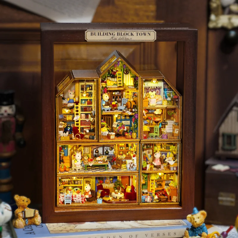 Puppenhaus-DIY-Miniaturmöbel aus Holz mit LED-Gehäuse, 6 komplette Sätze exquisiter Mini-Spielzeugmodelle für Bausteinstädte