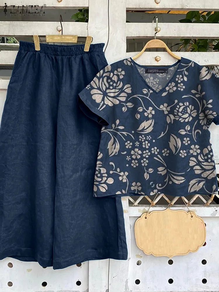 Sommer Gedruckt Trainingsanzüge ZANZEA 2 stücke Kurzarm Bluse Breite Bein Hose Sets Frauen Passenden Sets Vintage OL Arbeit Anzüge oversize Image