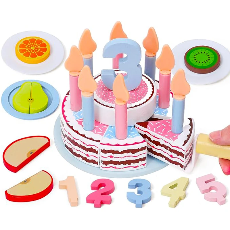 Holz Kuchen Spielzeug Küche Spielset Spielen Lebensmittel Pretend Kit Schneiden Lebensmittel Set für Kinder Montessori Lernen Pädagogisches Party Spielzeug Image