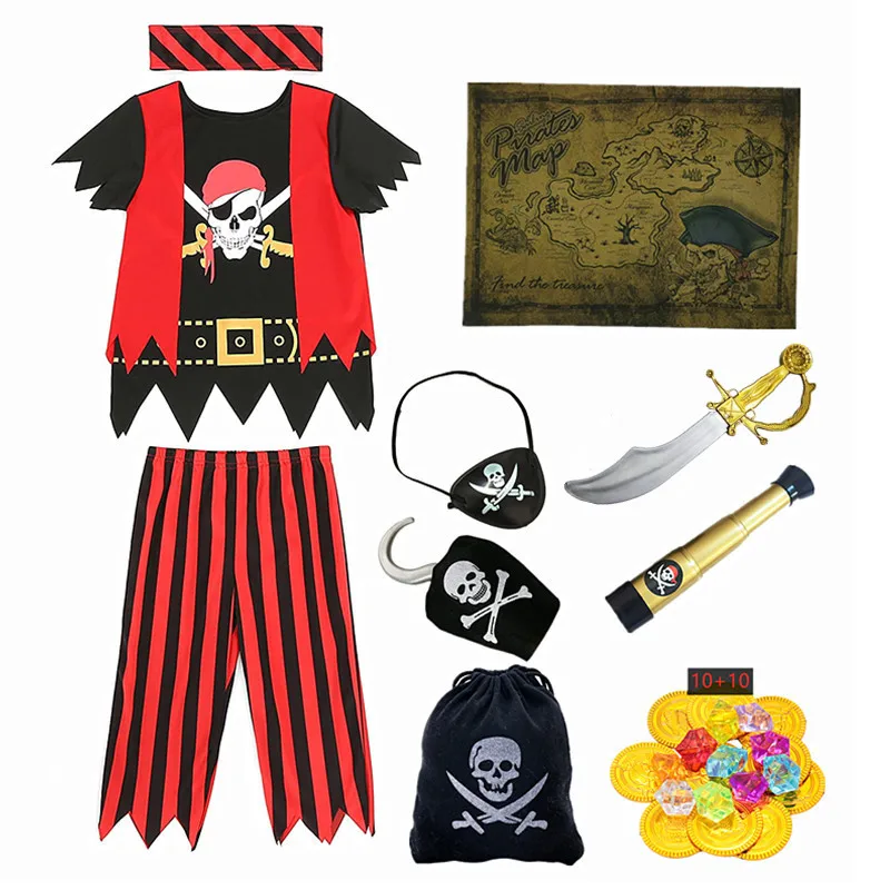 Piratenkostüme für Jungen, Piratenspielzeug für Kinder, Kostüme, Kapitän Jack, gestreiftes Anziehkostüm mit Piratenspielzeug, Halloween-Anzieh Image