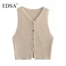 EDSA-Haut beige chic à simple boutonnage pour femme col en V féminin glamour glamour mode vintage