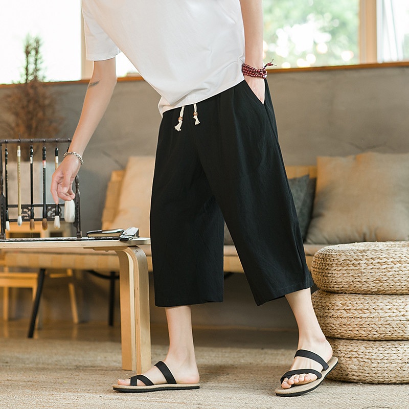 Men's Linen Pants Harem Pants Capri Pants Pocket Solid Colored Sports Calf-Length Work Casual Casual Loose Fit Black Wine Inelastic
