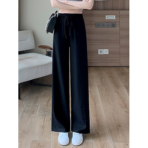 Damen Hose aus Baumwollleinen Weites Bein Hosen Hose Mode Volle Länge Einfach Kordelzug Seitentaschen Atmungsaktivität Bequem Unelastisch Alltagstauglich Schwarz Weiß Beige Frühling Sommer Image