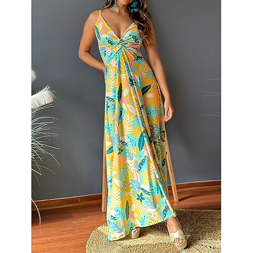 Damen Freizeitkleid Swingkleid Unterkleid Blumenblatt rückenfrei Print Träger langes Kleid Maxikleid hawaiianisch lässig Alltag Urlaub ärmellos Sommer Image
