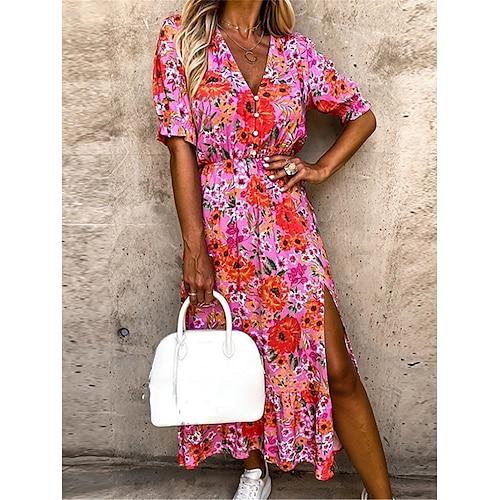 Damen kleid lang Casual kleid A Linie Kleid Sommerkleid Stilvoll Brautkleider schlicht Urlaub Täglich Verabredung Regular Fit Blumen Kurzarm V Ausschnitt Rosa Rote Blau Purpur Sommer