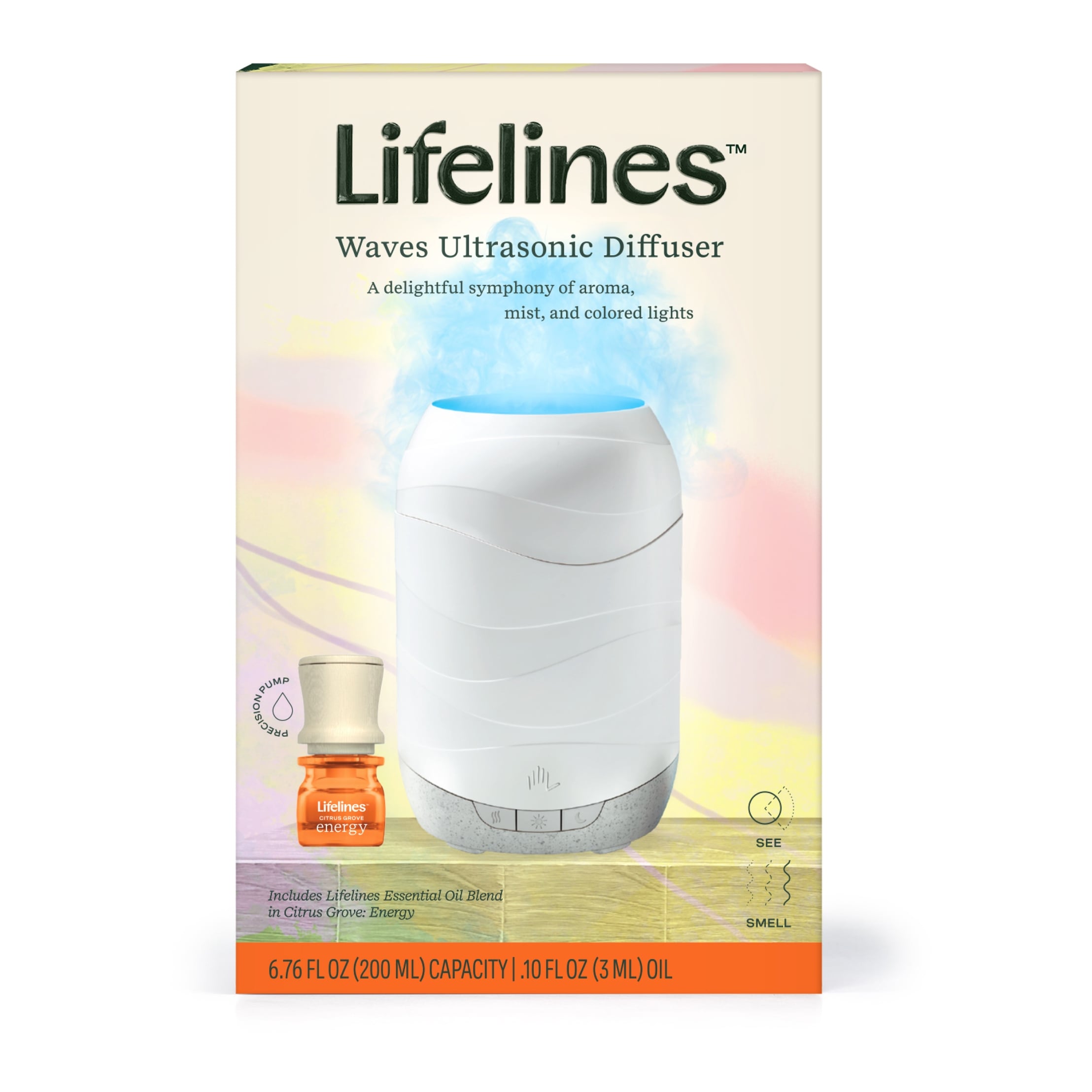 Lifelines "Waves" Ultrasonic Diffuser - Cascading Mist and Light plus Essential Oil Blend