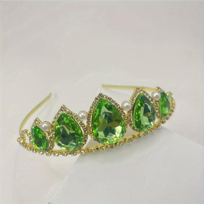 Green Crystal Faux Pearl Crown Hairband Headband P...