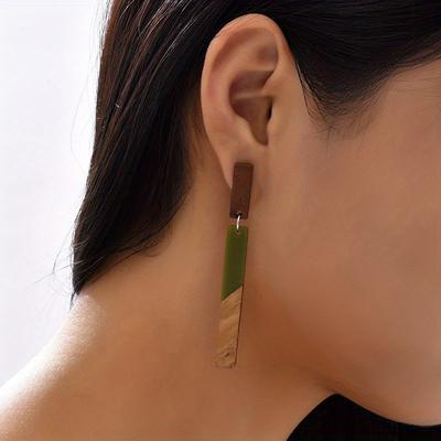 TEMU Minimalist Geometric Acrylic And Wood Dangle Earrings For Women - Stainless Steel Posts, Lightweight, Casual Attire, Accessory, Quirky Earrings Image