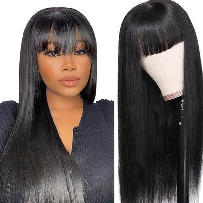 Straight Human Hair Wigs With Bangs Full Machine Made 100% Real Remy Human Hair Wigs For Women Natural Black No Shedding No Can Be Any Style For Use In Daily&party&cosplay