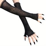 Spider Pattern Lace Gloves Y2k Black Translucent Fingerless Gloves Halloween Decorative Gothic Gloves For Women