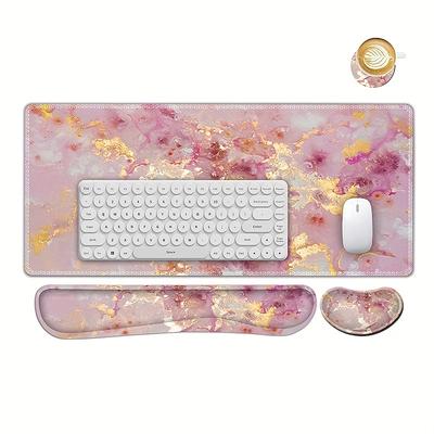 4-in-1 Large Gaming Mouse Pad, Keyboard Wrist Rest Pad & Wrist Support Mousepad Set, Extended Desk Pad Waterproof Desk Mat For Home Office Study Game-pink Gold Marble