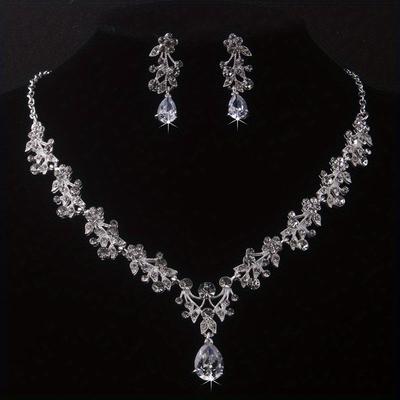 TEMU Gorgeous Bridal Wedding Jewelry Set - Golden Silvery Zircon Rhinestone Necklace & Earrings Christmas Gifts