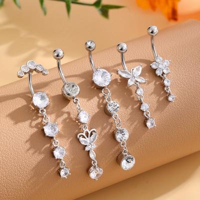 5pcs Stainless Steel Belly Button Ring Set Inlaid White Zircon Simple Style Navel Nail Body Piercing Jewelry Set