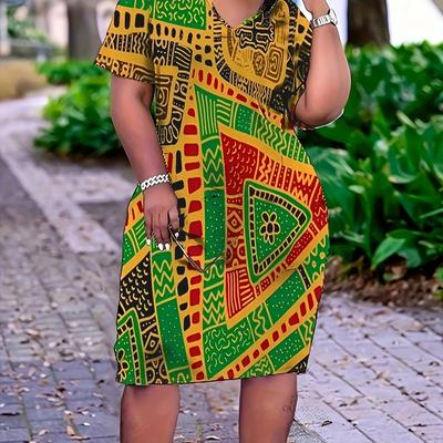 TEMU Plus Size All Dress, Casual V Neck Short Sleeve Dress, Women's Plus Size Clothing Image