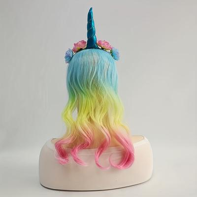 Unicorn Headband Curly Wig For Girls, Rainbow Flow...