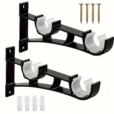 2pcs Heavy Duty Curtain Rod Brackets Double Curtain Rod Holder Hooks For Clothes Rods Black Metal Curtain Pole Brackets With 4 Screws Supports Up To 50kg