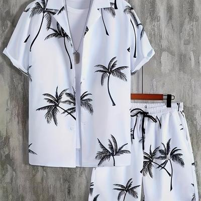 TEMU 2-piece Coconut Tree Print Men's Summer Leisure Co Ord Set, Men's Short Sleeve Hawaiian Shirt & Drawstring Shorts With Pockets Image