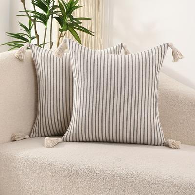 TEMU 2-pack Traditional-style Striped Textured Throw Pillow Covers With Tassels, 100% Polyester Woven Decorative Cushion Cases For Living Room, Hand Wash Only, Zipper Closure