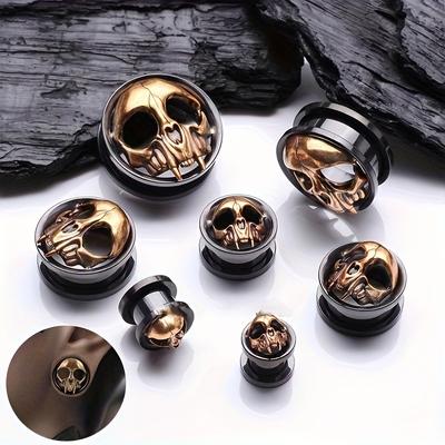 1pair Skull Stainless Steel Ear Plugs Single Flare Tunnel Gauges Skeleton Design Ear Gauges Expander Stretchers Women Men Ear Lobe Plugs Piercing Jewelry