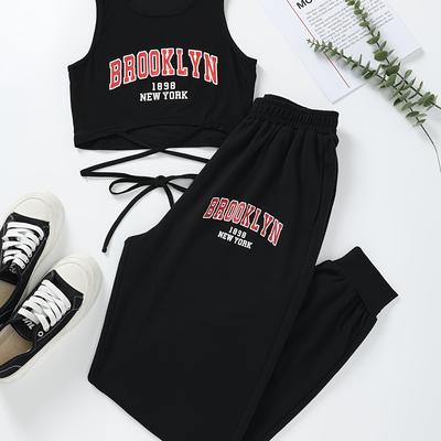 TEMU Women's -inspired Black Casual Two-piece Set - Sleeveless Top & Waist Pants, Breathable Polyester , Machine Washable - Spring/summer Image