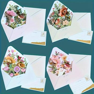 TEMU Set Of 4 Pop Up Cards, 3d Flower Greeting Cards With Envelope And Label, Greeting Cards For Birthday, Anniversary, Thanksgiving, Thank You, Mother's Day, Father's Day Wishes For