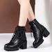 Women's Solid Color Platform Boots, Side Zipper Chunky Heel Soft Sole Ankle Boots, Winter Buckle Belt Lace Up Boots
