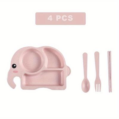 4pcs/set, Food Grade Meal Plate, Anti-fall Divided Design Plastic Food Supplement Plate Spoon Fork Chopsticks Sey, Cartoon Elephant Plate