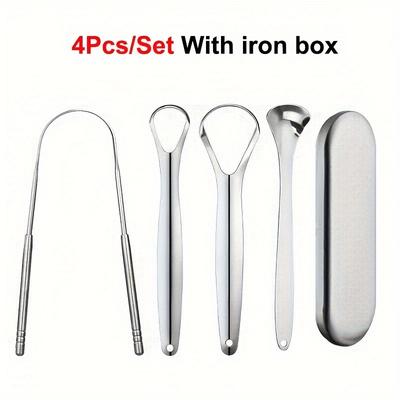 4pcs/set Tongue Scraper, Tongue Coating Scraper, Fresh Breath For Oral Care, Stainless Steel Tongue Cleaners, Tongue Cleaning Tools For Adults