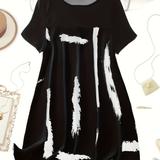 Plus Size Black & White Colorblock Dress, Casual Crew Neck Short Sleeve Dress For Spring & Summer, Women's Plus SizeÂ clothing