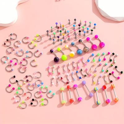 110pcs Multicolor Lip Stud Ring Tongue Nail Ring Belly Button Ring Nose Ring Set Simple Body Piercing Jewelry Set