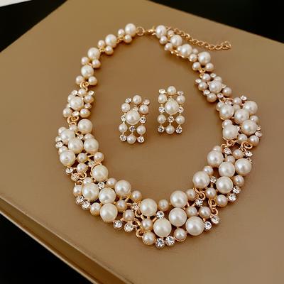 TEMU Luxurious Short Faux Pearl And Rhinestone Alloy Collarbone Chain Necklace And Earring Set Vintage Jewelry Accessories For Banquet And Party Wearing