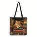 1pc, Graphic Cat And Books Print Canvas Bag, Lightweight Shoulder Bag, Versatile Shopper Bag, Tote Bag For Women, Reusable Tote Bag For School, Grocery, Shopping, Beach And Gifts For Women