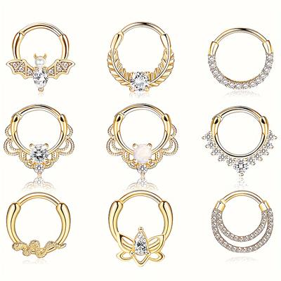 9pcs Piercing Stainless Steel Nose Ring Set, Different Shapes Of Septum Ring, Zircon, Opal, Snake, Bat, Leaf, Lotus, Flat Double U-shaped Zircon Decor Nose Hoop Ring Body Piercing Jewelry